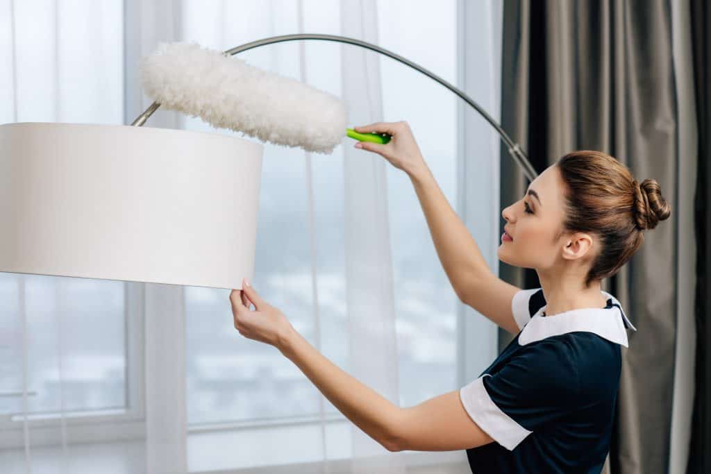 maid dusting lamp shade wearing black and white uniform