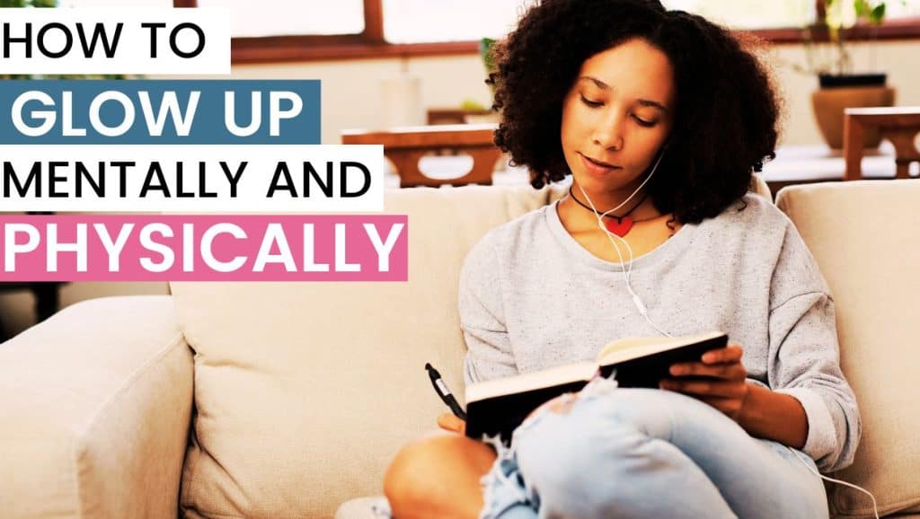 woman journaling while sitting on the couch with headphones in. how to glow up mentally and physically